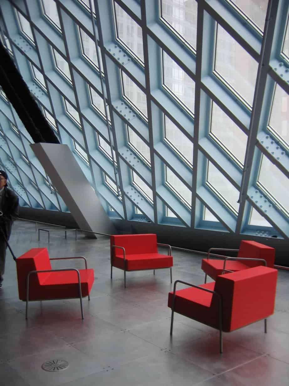 Red Frame chairs in the Seattle library lounge