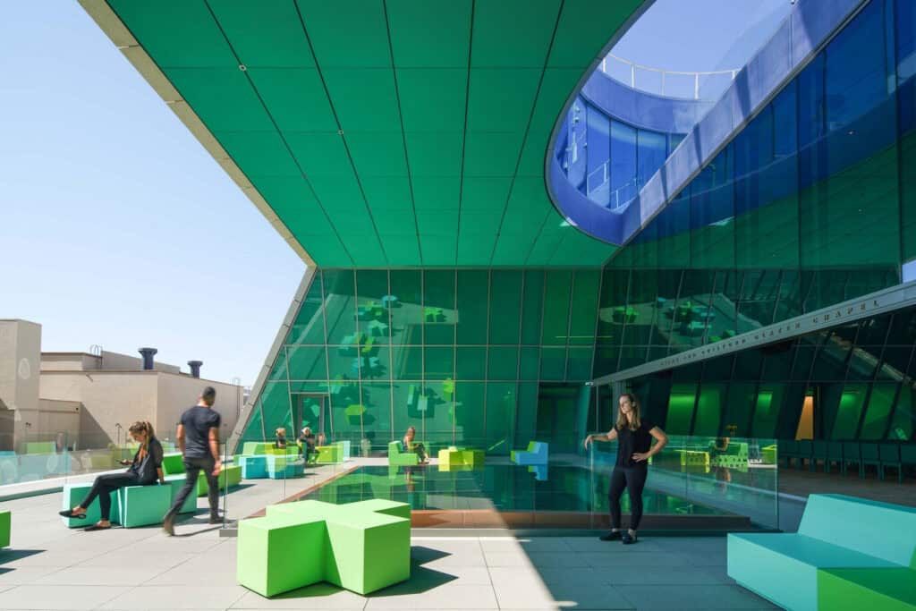 Colourful modular terrace furniture at the Audrey Irmas Pavilion in Los Angeles