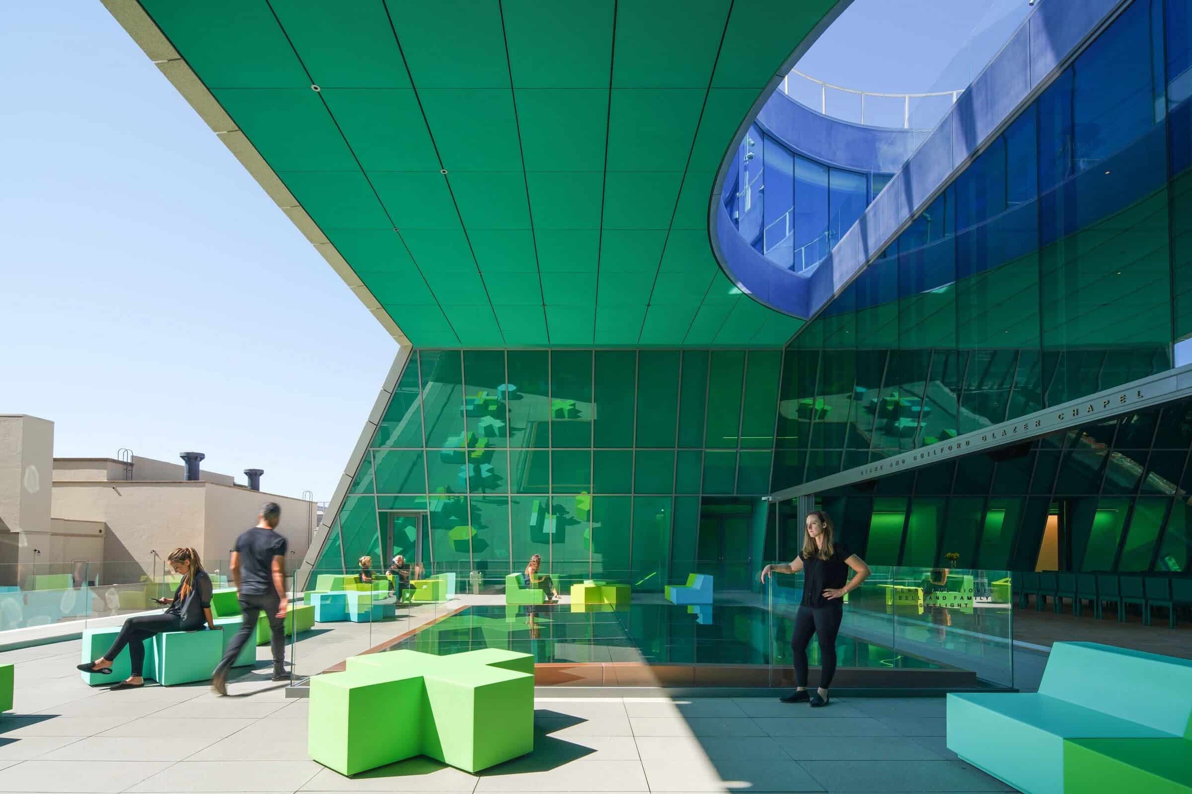 Colourful modular terrace furniture at the Audrey Irmas Pavilion in Los Angeles