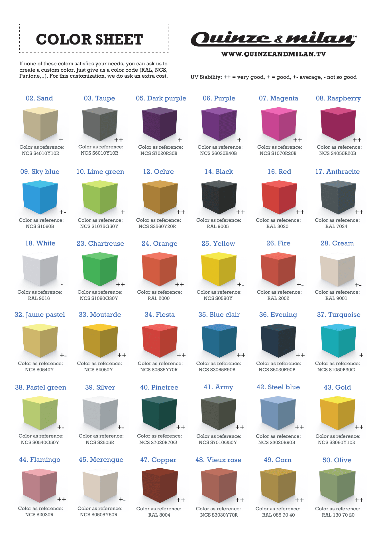 Quinze & Milan Colour Sheet 2026 coated foam colours